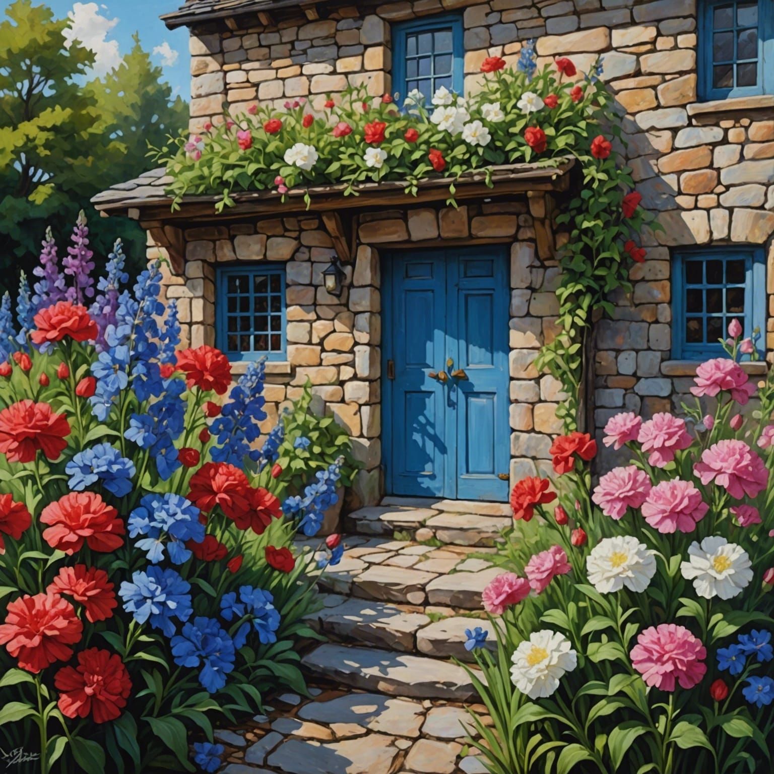 Another cottage with carnations and larkspur  by @Holly_Portmore