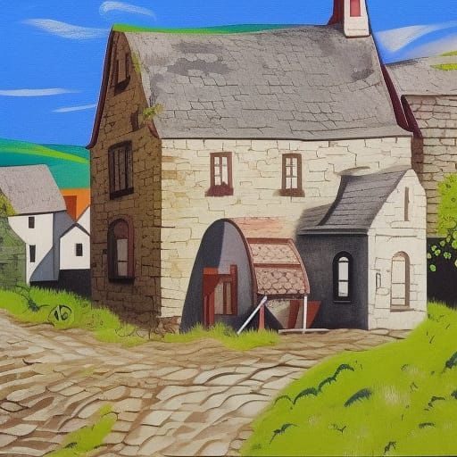 "Realistic painting of an old  Irish village"