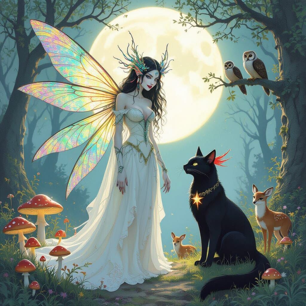 in the midst of a forest clearing, a slight, ethereal  woman with draonfly wings and claws stands in a large ring with bright moonlight, bor...