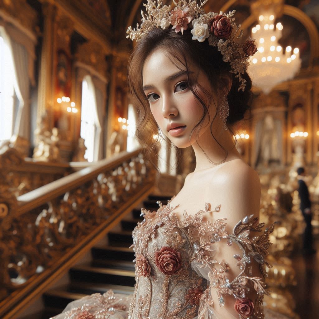 Medium shot of a beautiful girl wearing fancy Baroque evening gown, by Audrey Kawasaki