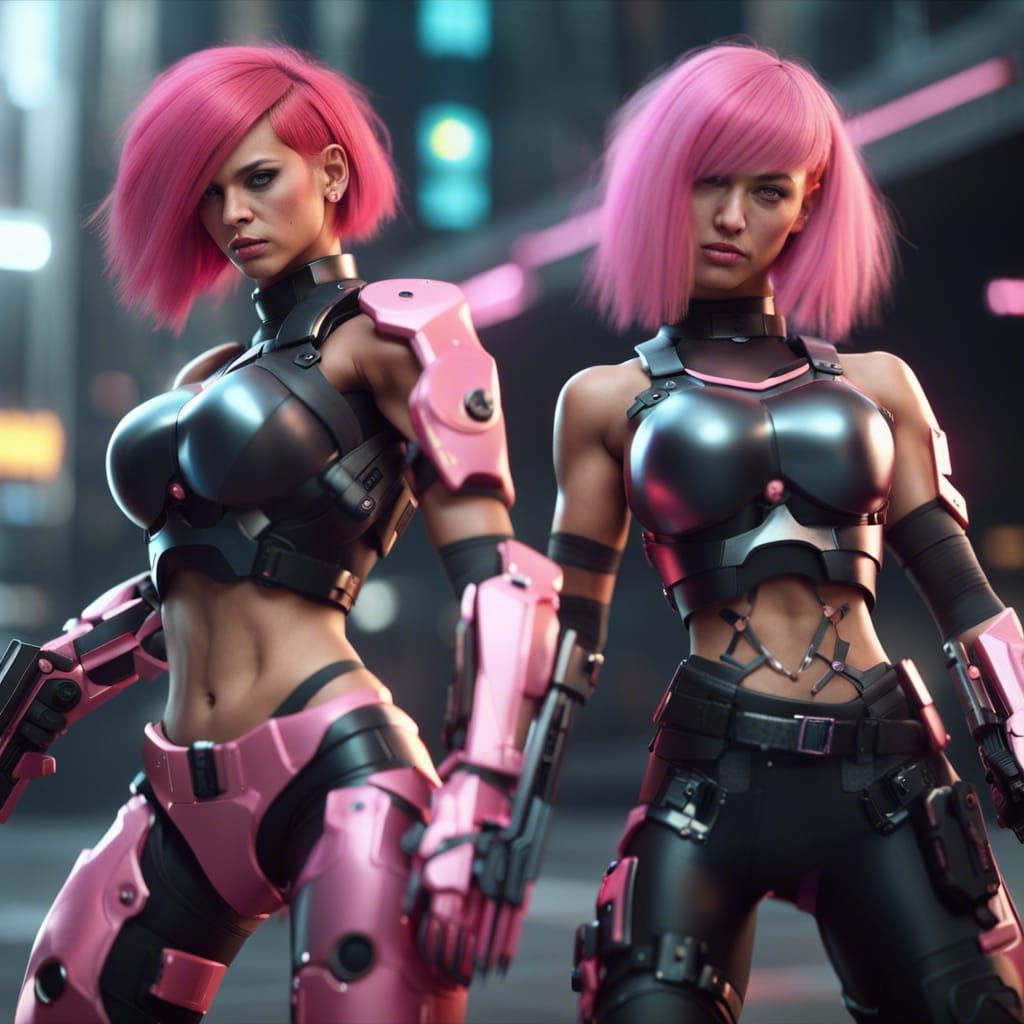 Cyberpunk Girls Battle Pink-Haired Warrior
