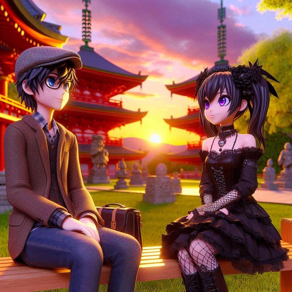In 3d anime, the gothic girl and the nerd boy on a park in a...