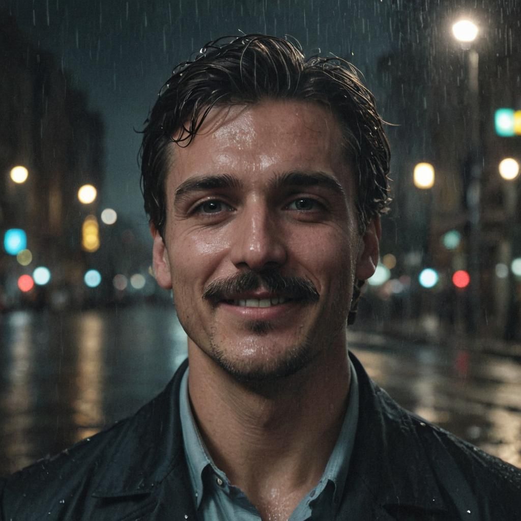 Smiling Man in Rainy City: Film Noir Photography