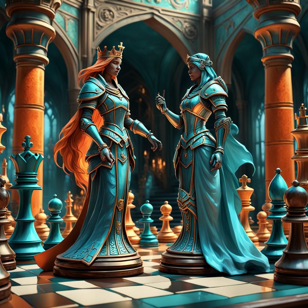 fantasy chess pieces queen and knight on a chessboard in a fantasy world  by @Mila K