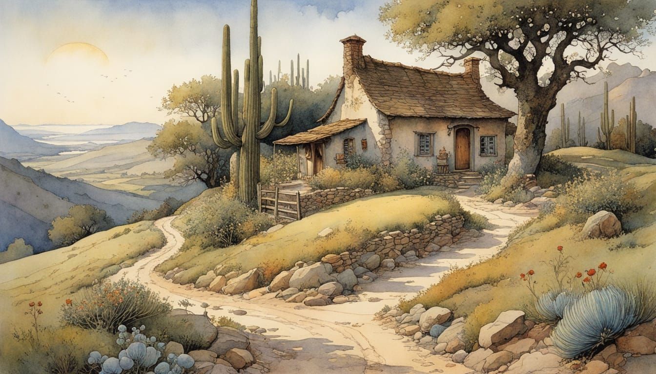 Arizona Night Adobe House Illustration in Storybook Style