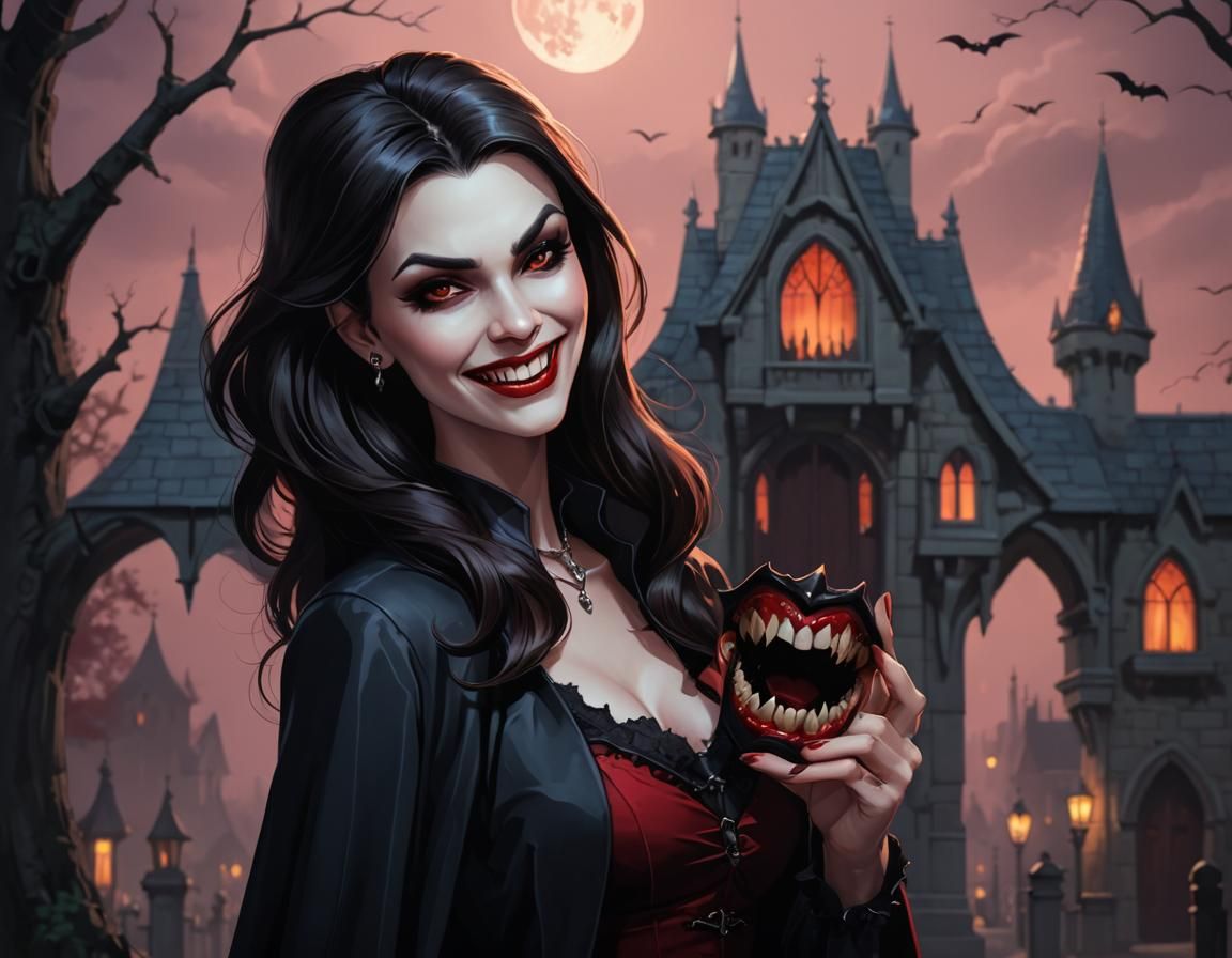 A beautiful cartoon female vampire smiling with her vampire fangs showing