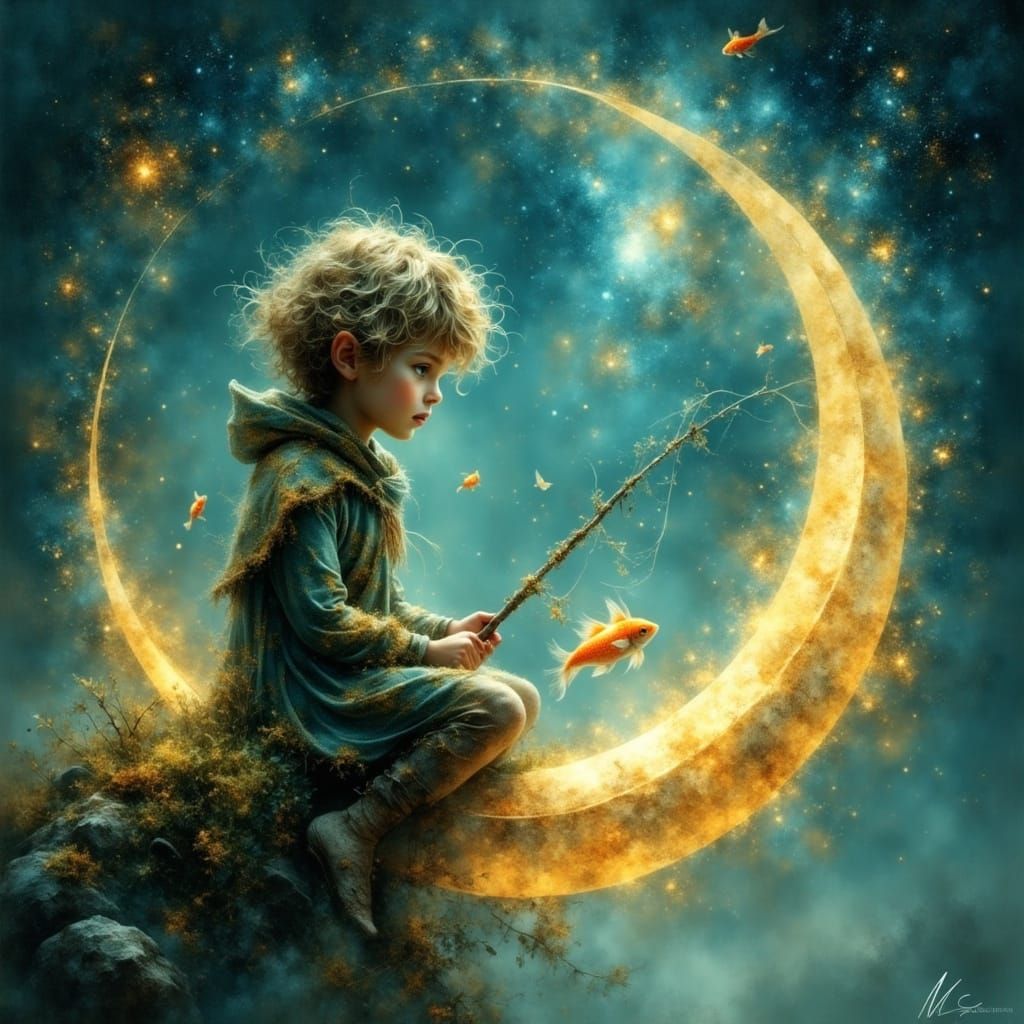 A magical, dreamy night scene high above the earth: a small, enchanted forest spirit boy with glowing ...  by @MythsCreator