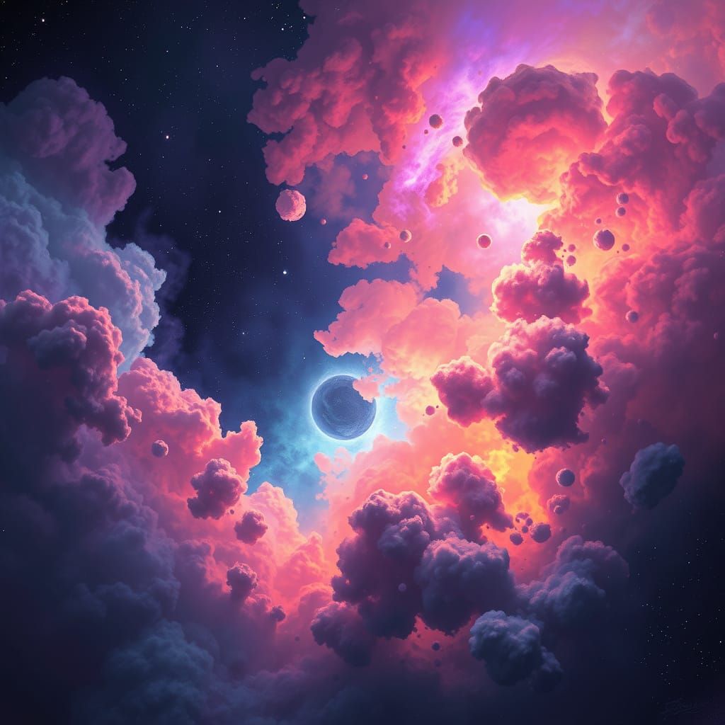 Whimsical Cosmic Dreamscape in Vibrant, Swirling Colors