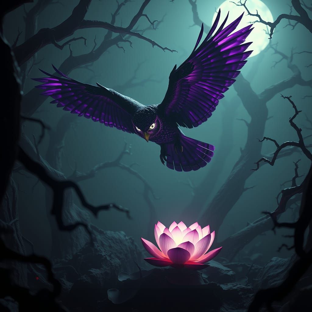 Haunting Bioluminescent Owl in Dark Gothic Fantasy Landscape