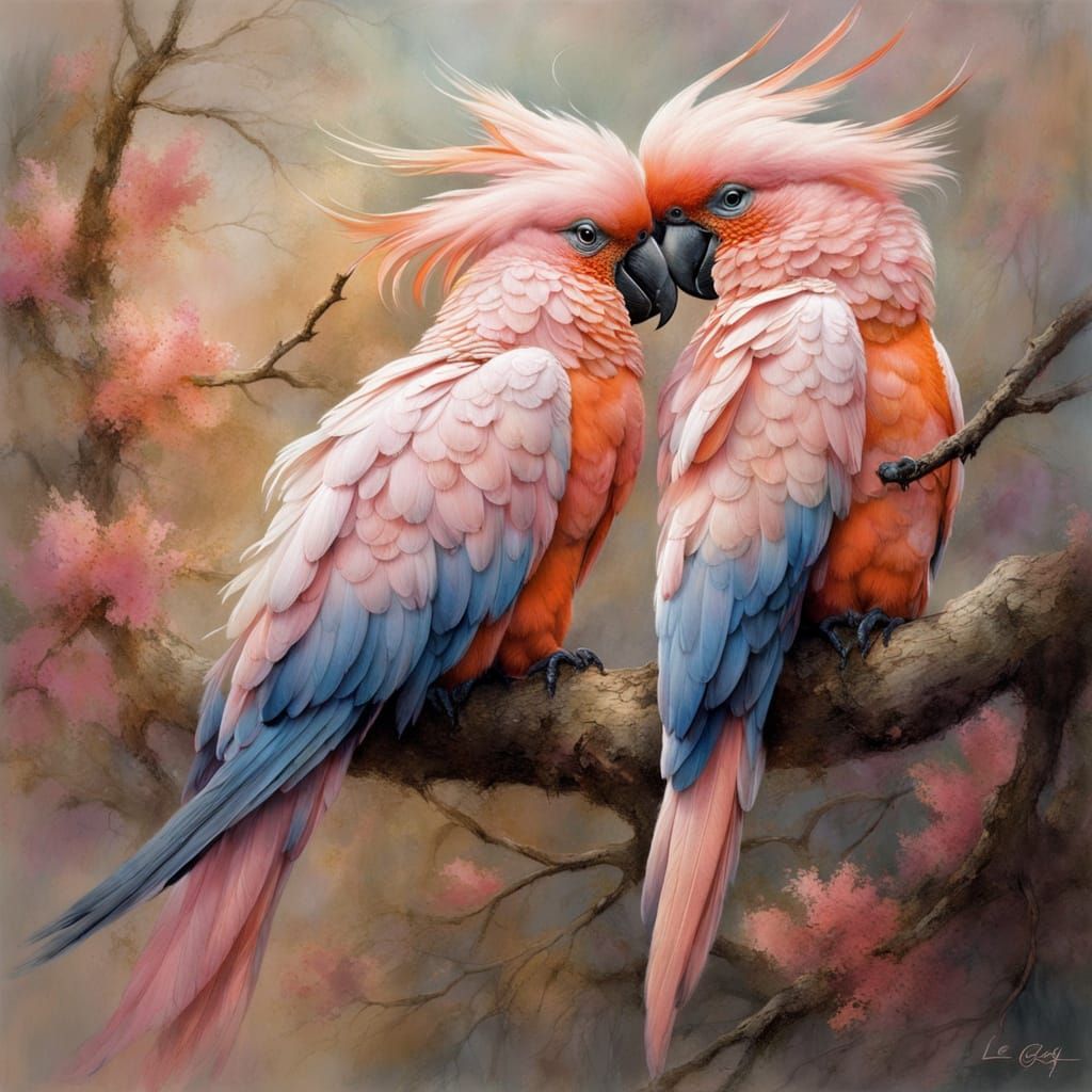  Surreal Cockatoos cuddling   by @Laura Oravec