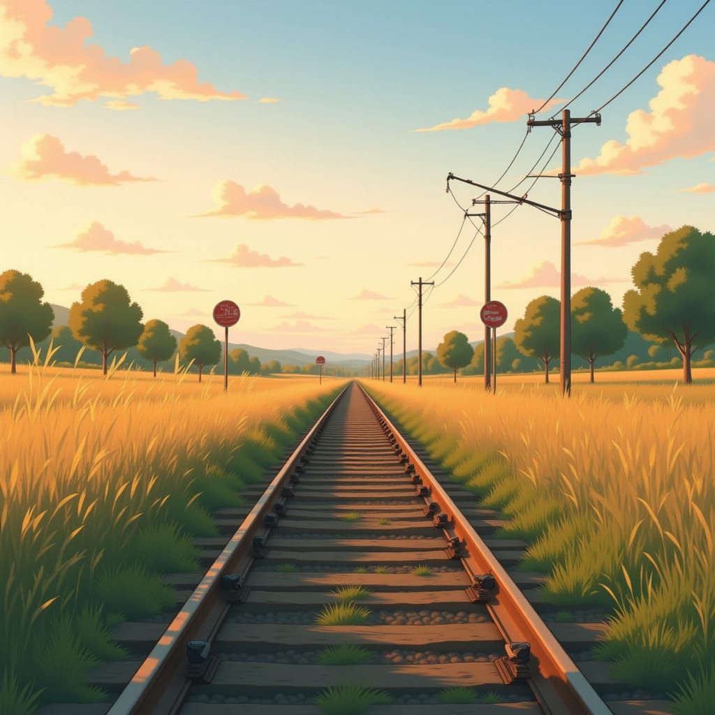 rail crossing in rural landscape, soft golden hour, tall grass swaying, no train passing, painterly anime aesthetic, lofi calm, ambient wind...