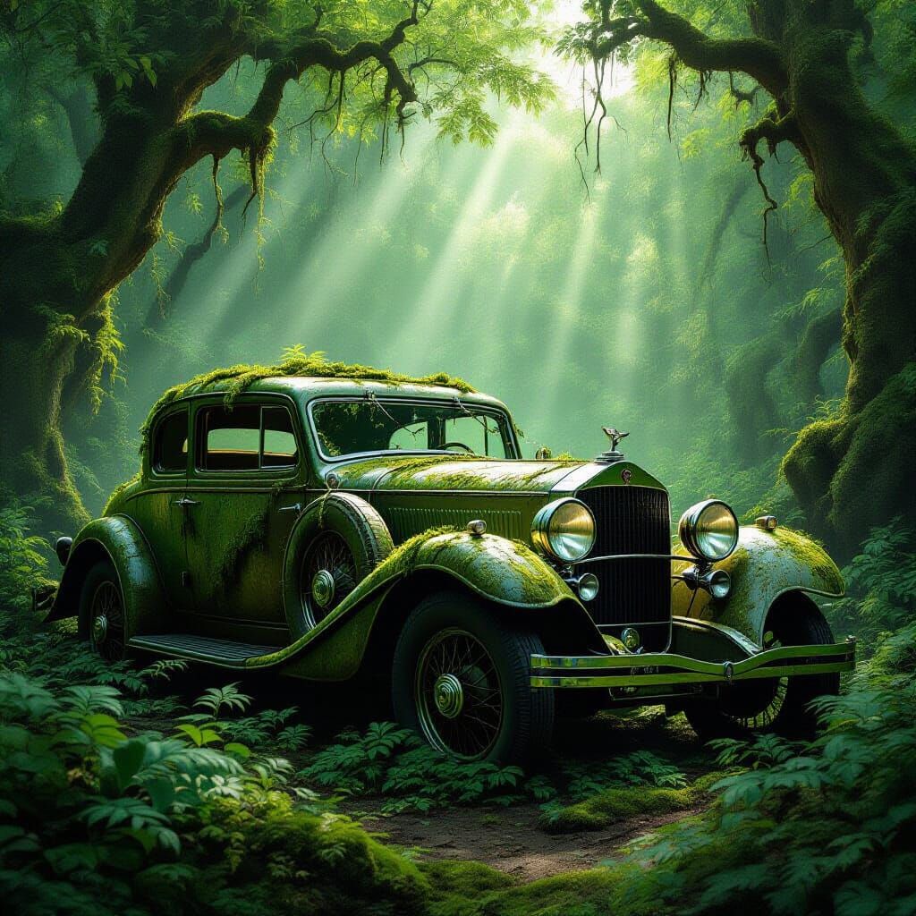 An ancient, moss-covered automobile half-swallowed by a dense, vibrant forest. Sunlight filters through the canopy, casting dappled light on...