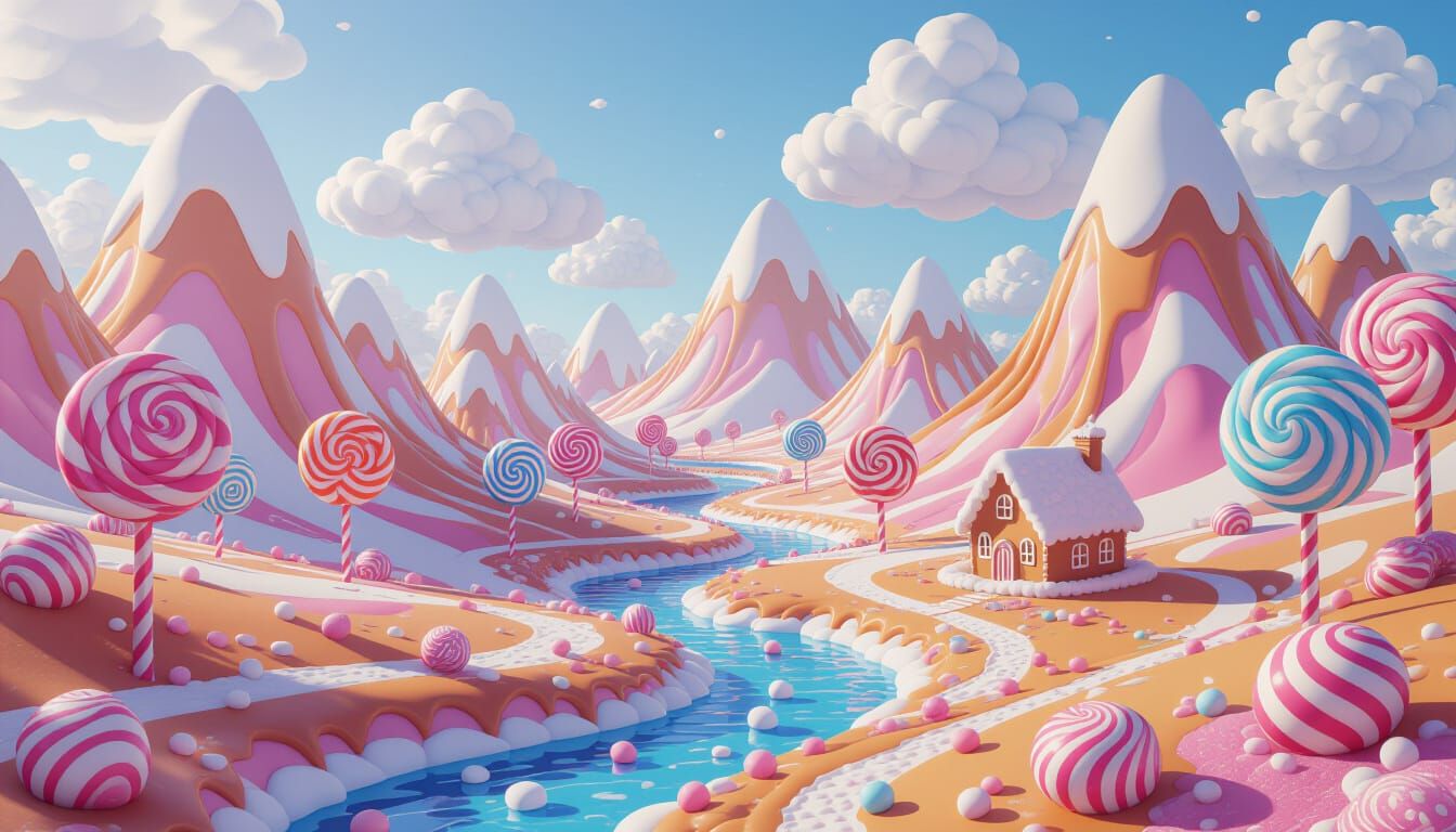 An ethereal landscape where mountains are made of layered nougat and rivers flow with molten caramel. ...  by @keith