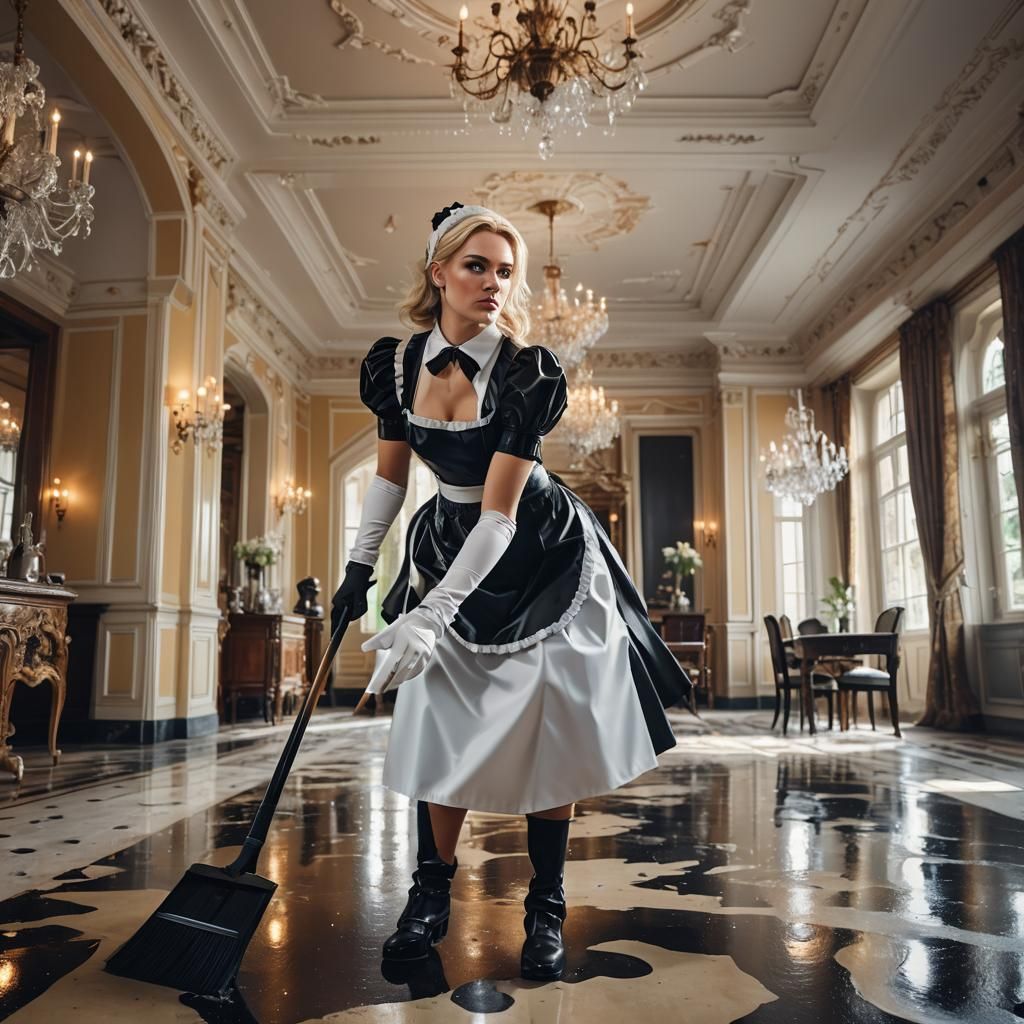 Blonde Woman in Latex Maid Outfit Cleaning Mansion