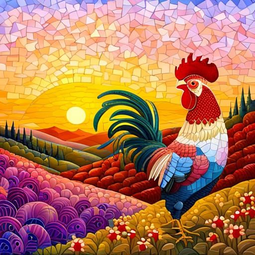 mosaic barnyard rooster, pink, peach and gold color sunrise in background, with rolling hills, intense ...  by @SueL