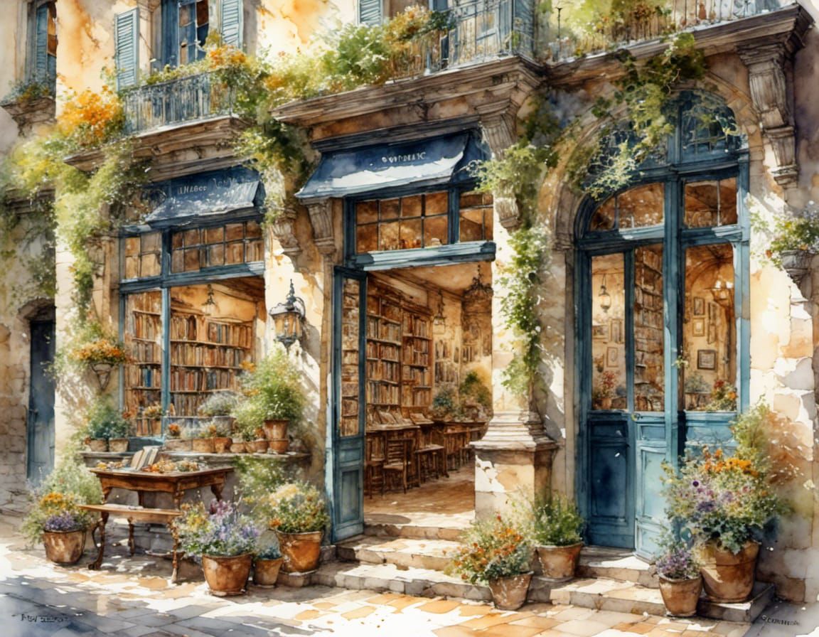 <lora:WatercolorMix1:1.0> Α charming stone-built bookshop in a small cute busy square, with flowers at ...  by @Smaragda Eliadou
