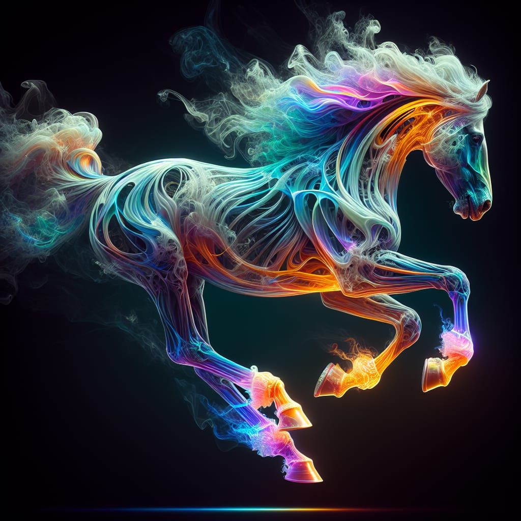 Galloping horse smoke movement intricately detailed HDR 8k bioluminescent glow stick rainbow coloured ...  by @HarrietM