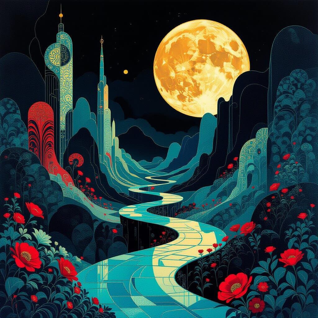 Crimson and Cyan Dreamscape: Surreal Biomorphic and Geometri...