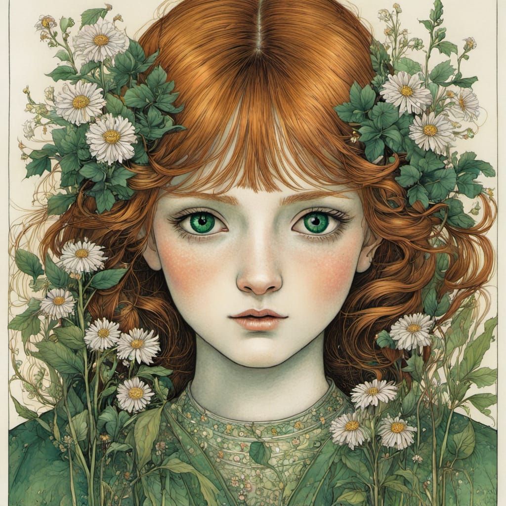 Hyperdetailed portrait of a cute girl with glowing emerald-green eyes and ginger hair, with wildflowers, ...  by @Tina auf der Blumenwiese