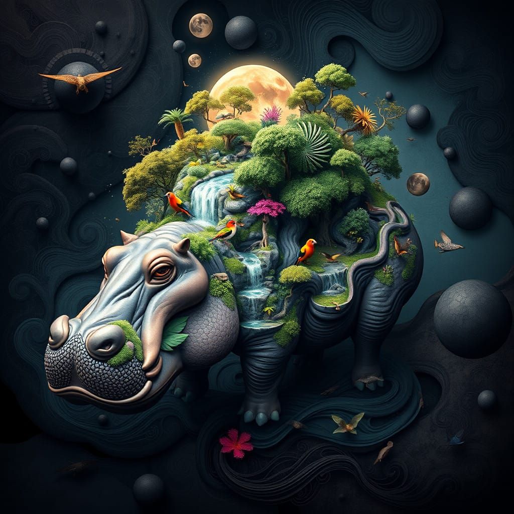 Surreal Hippopotamus Phantasmagoria in Escher-Inspired Digit...