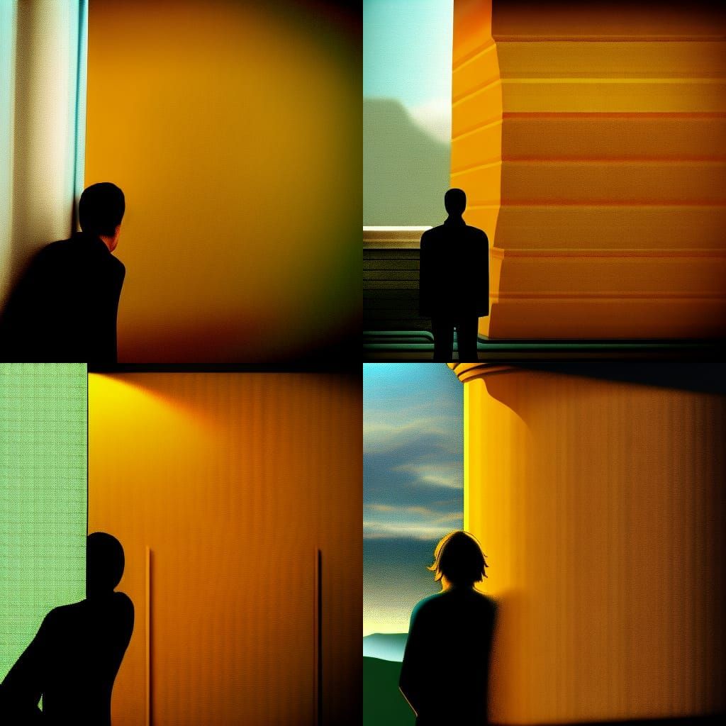 man looking outside to see large pillars in the distance ,dr...