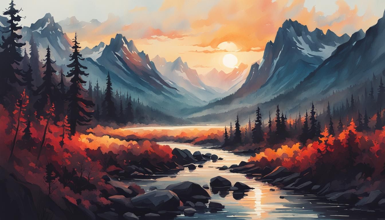 Sunrise Over Mountains: Watercolor Matte Painting