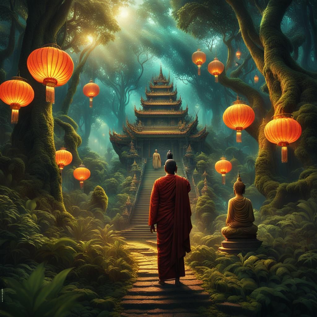 Buddha and Subhuti in Misty Forest, Digital Matte Painting