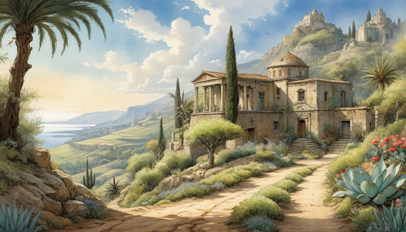 Greek Hillside Illustration in Storybook Style