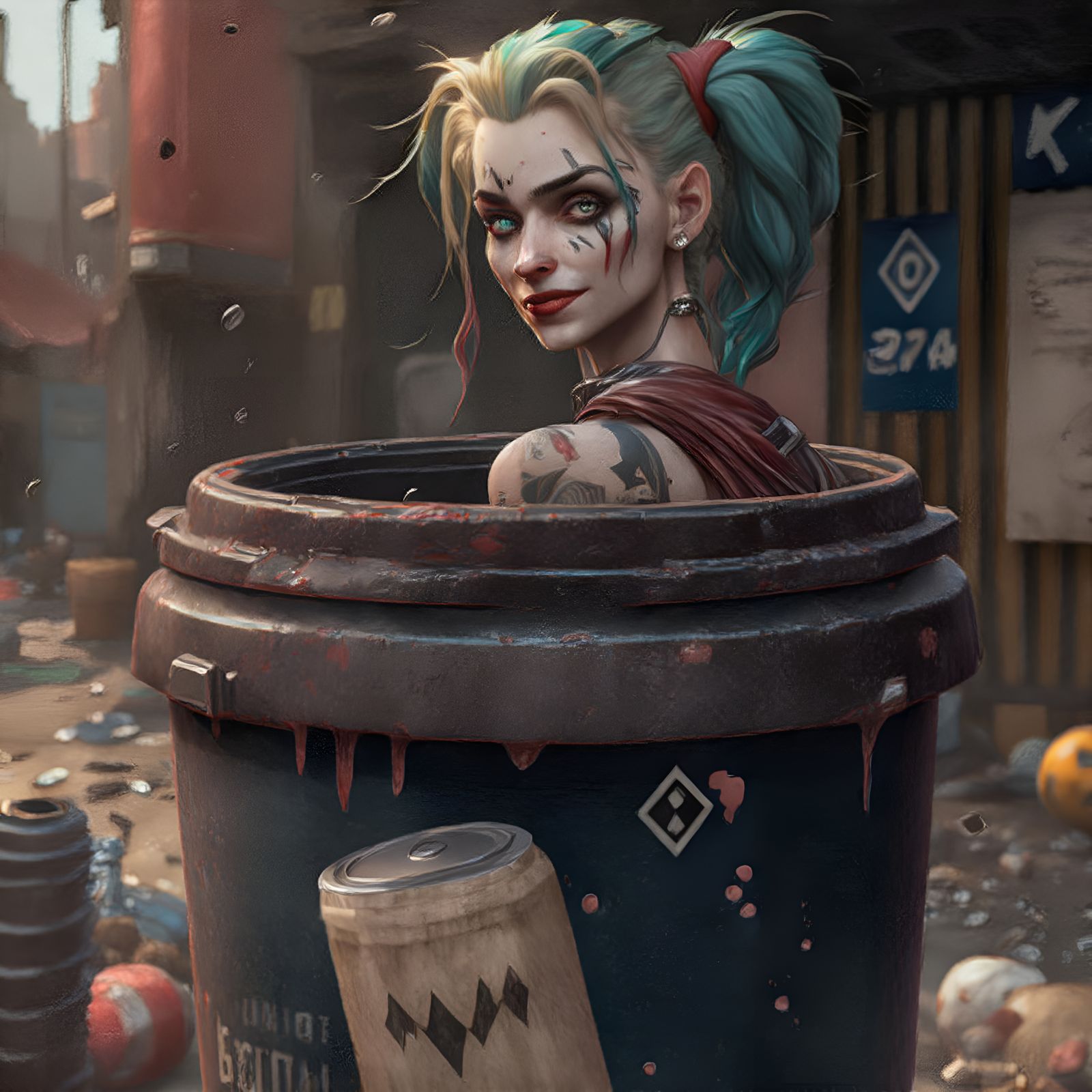 Midjourney: Back in the bin again, Miss Quinn?