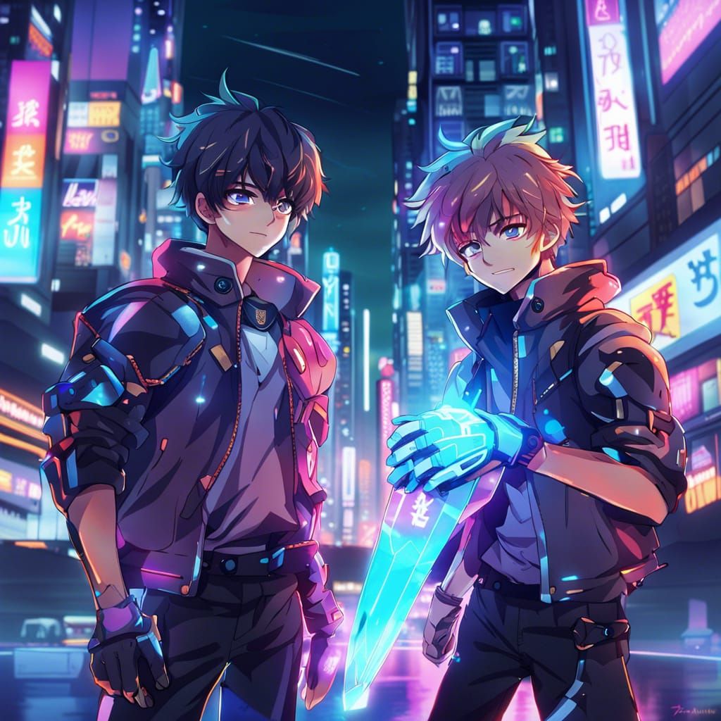 Portrait of anime boys with a futuristic gauntlet in a neon city at night  by @joel cruz