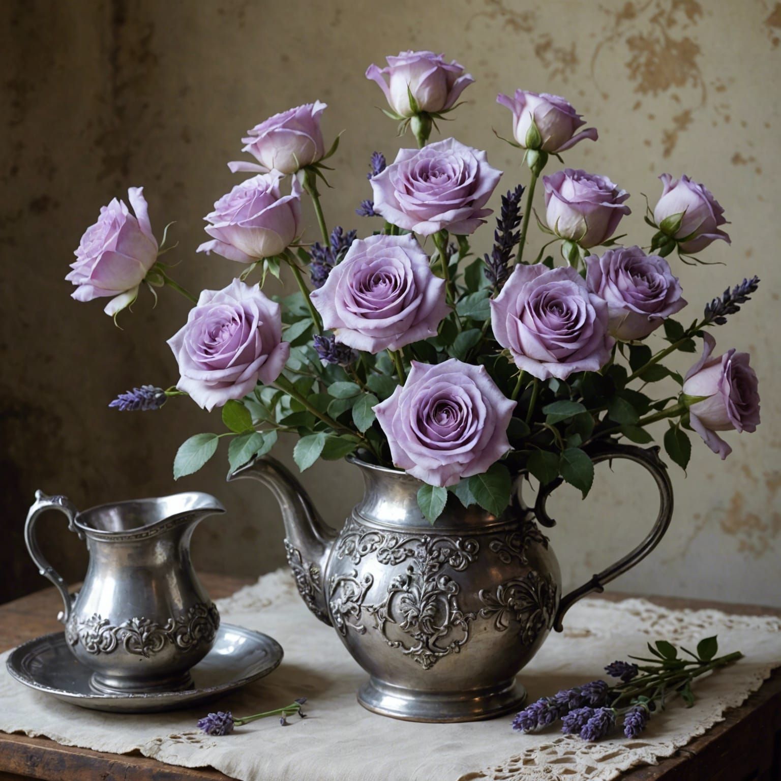 lavender roses in full bloom with a few closed buds in a orn...