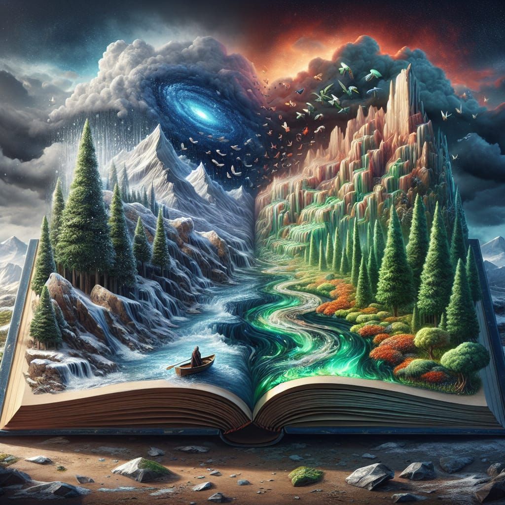 Pages transformed into landscapes, left page rocky terrain with snow, raging river, green trees, right ...  by @Kindly Offer