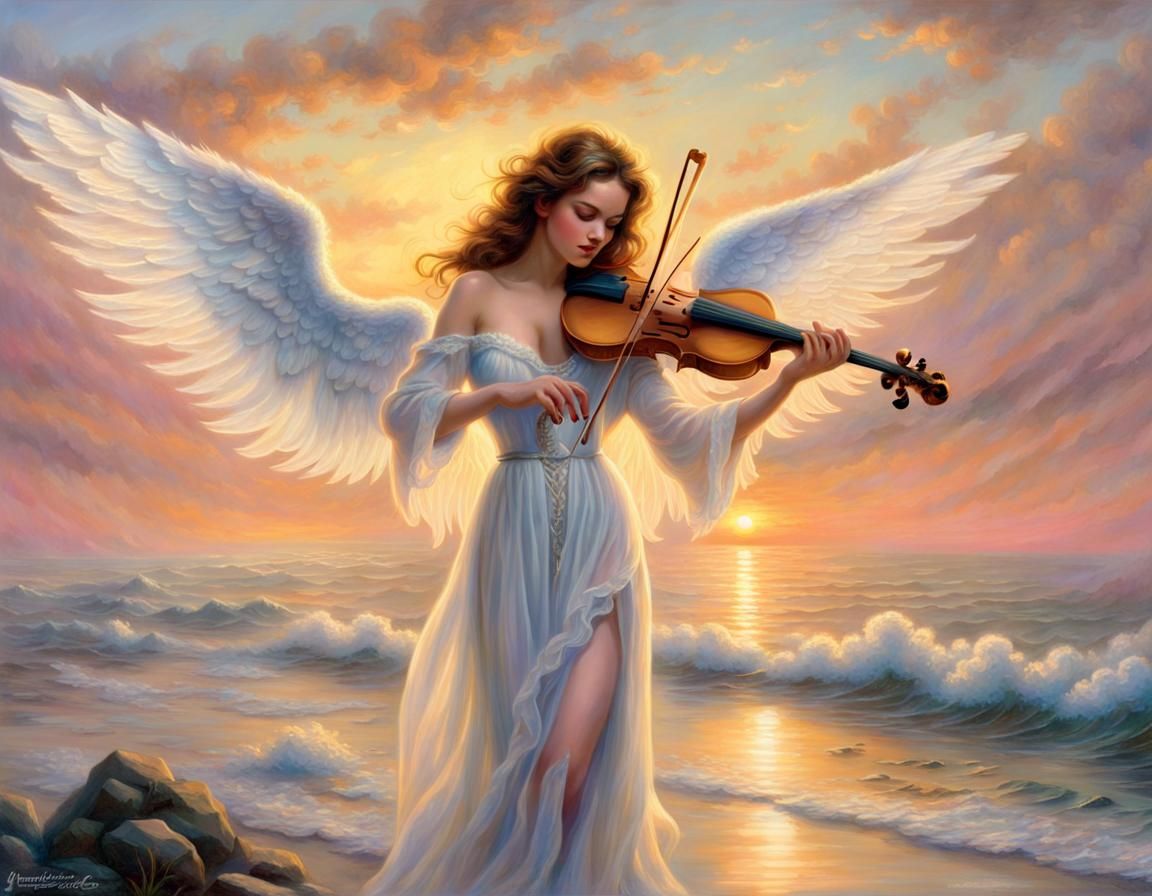 Girl with a violin by the sea
