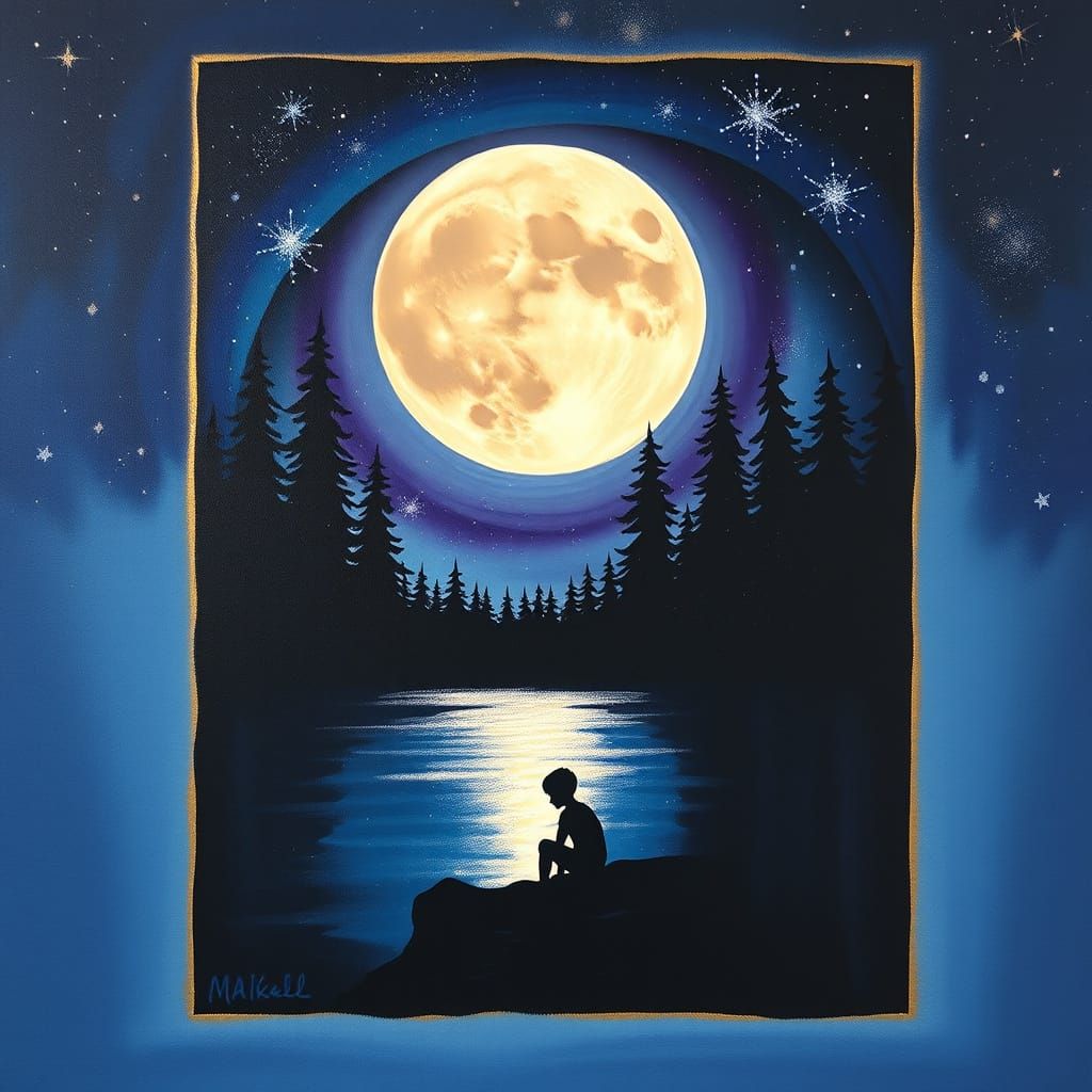 "Paint an artistic painting within a square frame, in which the silhouette of a boy's head serves as a kind of window to a magical inner wor...