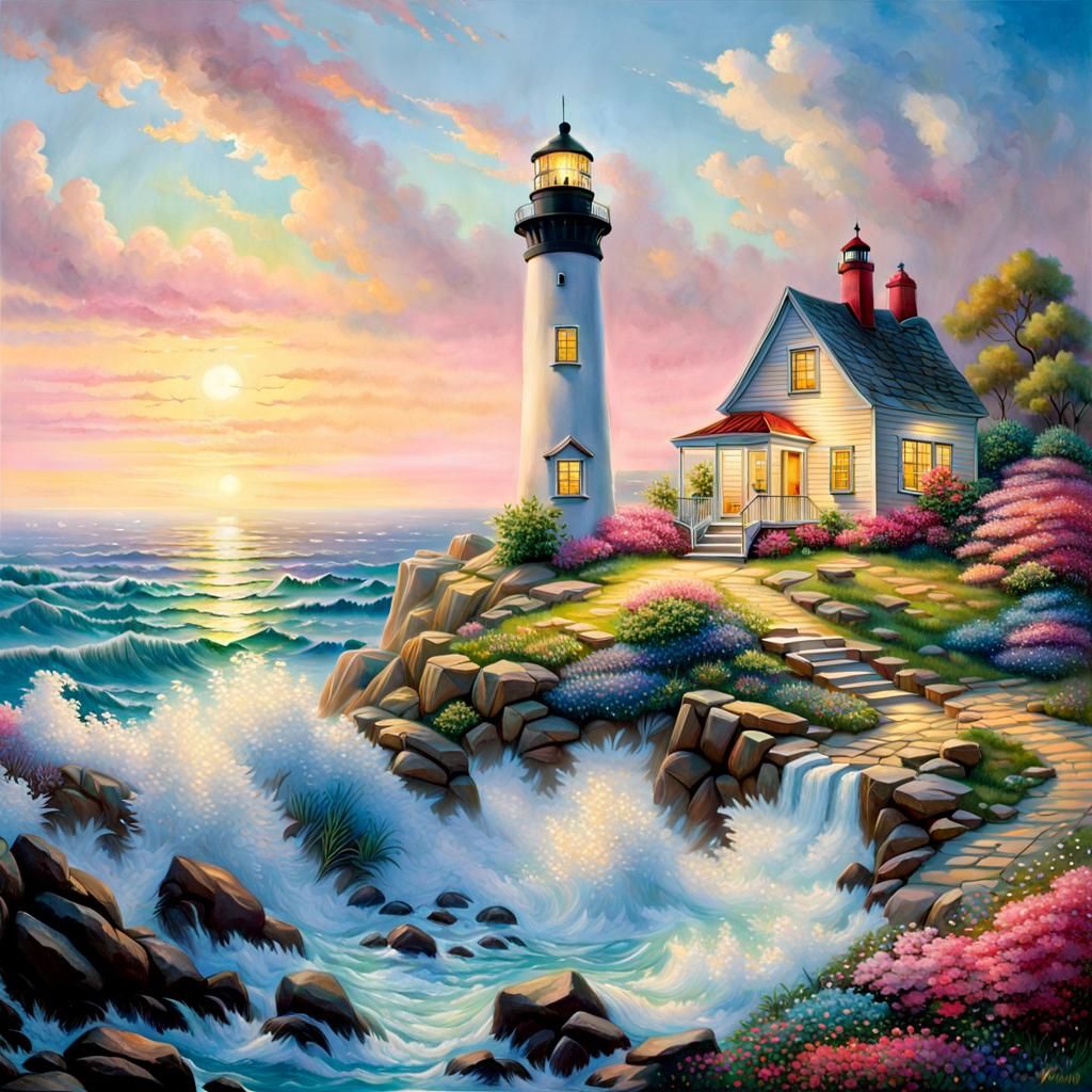 Thomas Kinkade Lighthouse AI Generated Artwork NightCafe Creator   AnFFyTXWHt3VcKWTODWy  1  Iwdd0 