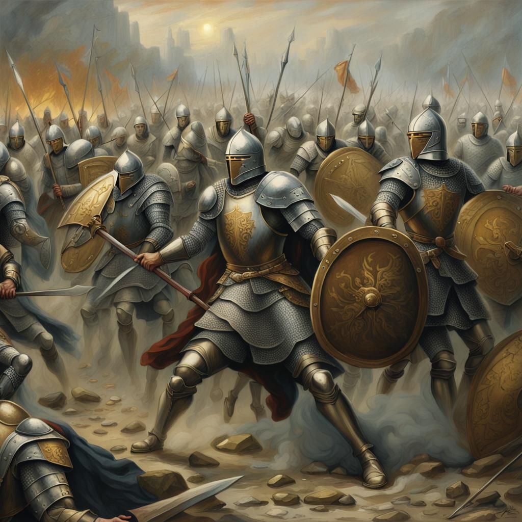 Medieval Battle Scene: A dramatic, detailed depiction of a m...