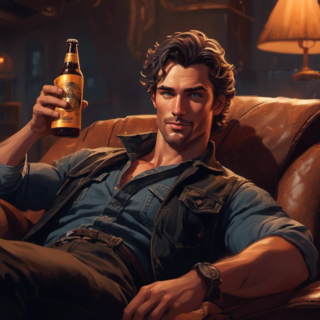 <lora:5E:1.0> A handsome dark haired man laying back on a lounge chair with no shirt, black vest and jeans with a beer in his hand