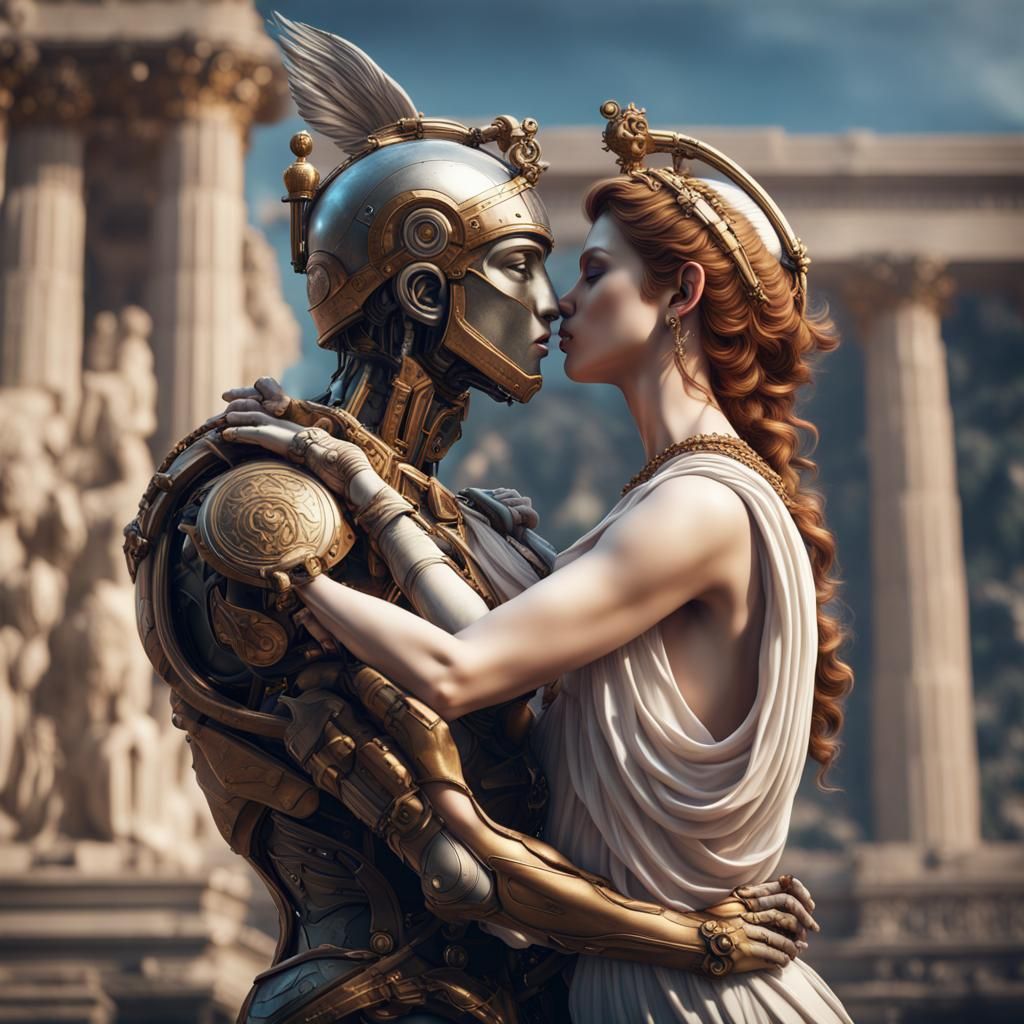 A male robot kissing a marble statue of the Greek goddess Ar...