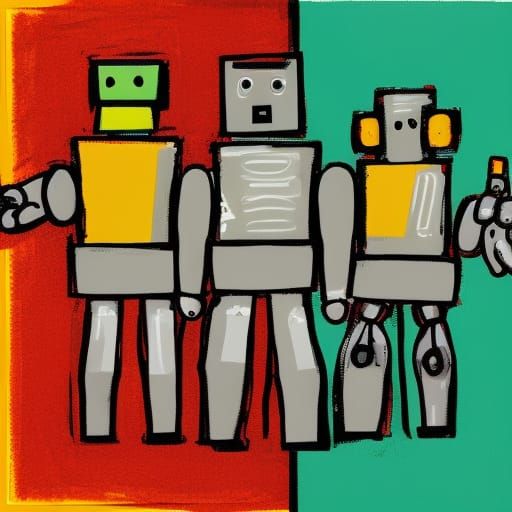 Group of Robots holding a "no trespassing" sign in their han...