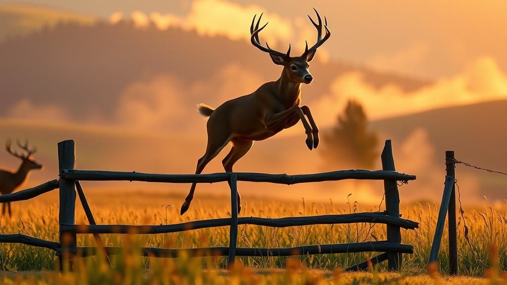 whitetail deer as it is hopping over a fence, early morning country, 8k resolution concept art , intricately detailed, dynamic lighting, col...