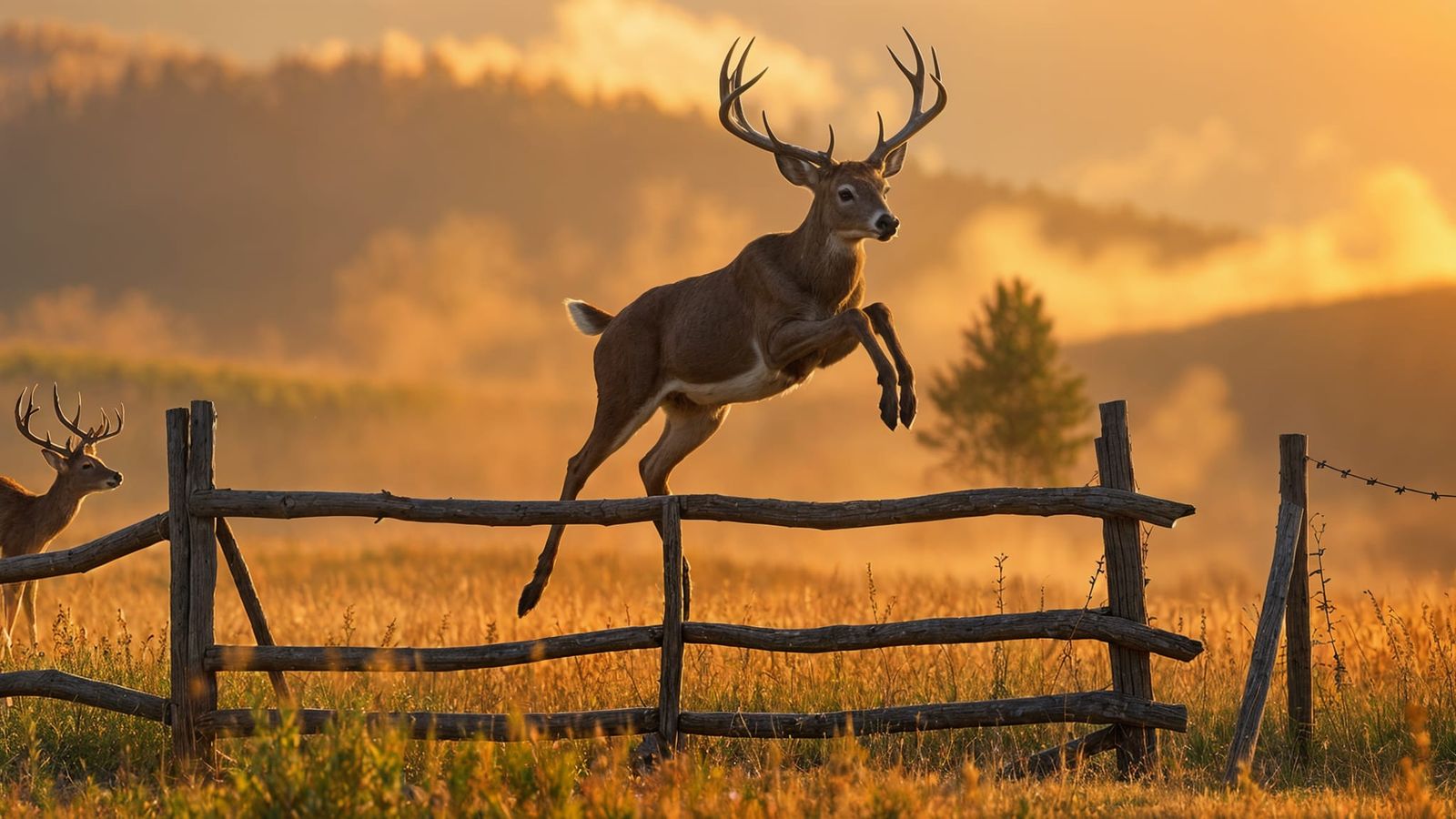 whitetail deer as it is hopping over a fence, early morning country, 8k resolution concept art , intricately ...  by @Ed Evans