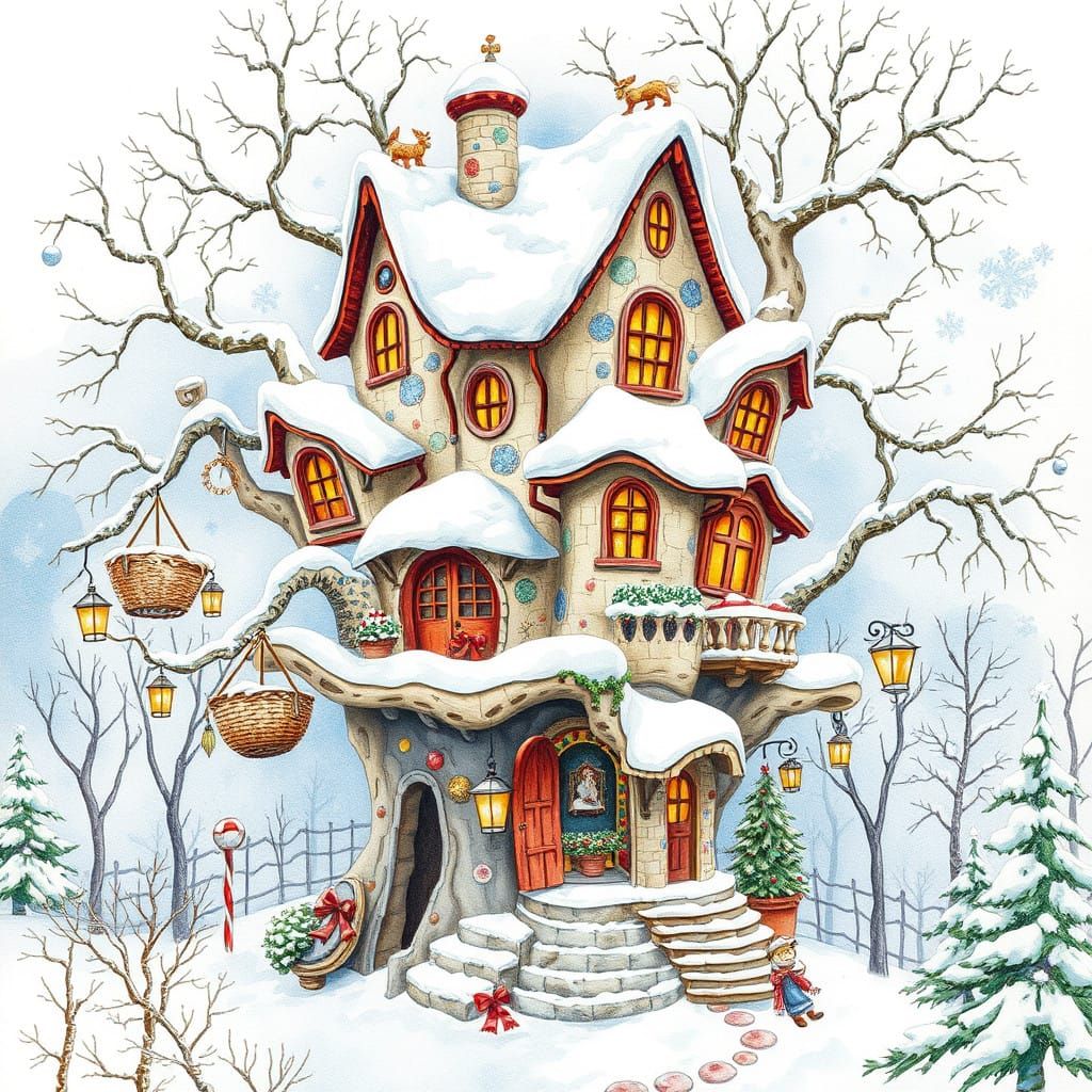 A winter watercolor of an eccentric fun house!  by @Jeanne