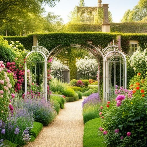 An French garden with lush full beds of flowers around a arbor - AI ...