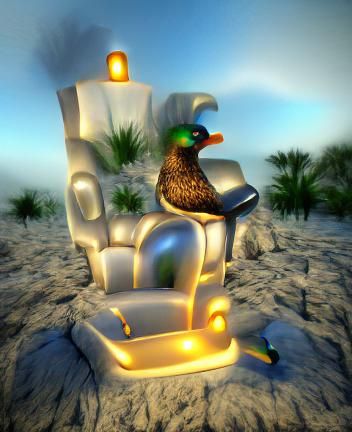 A fancy duck king on a beach throne