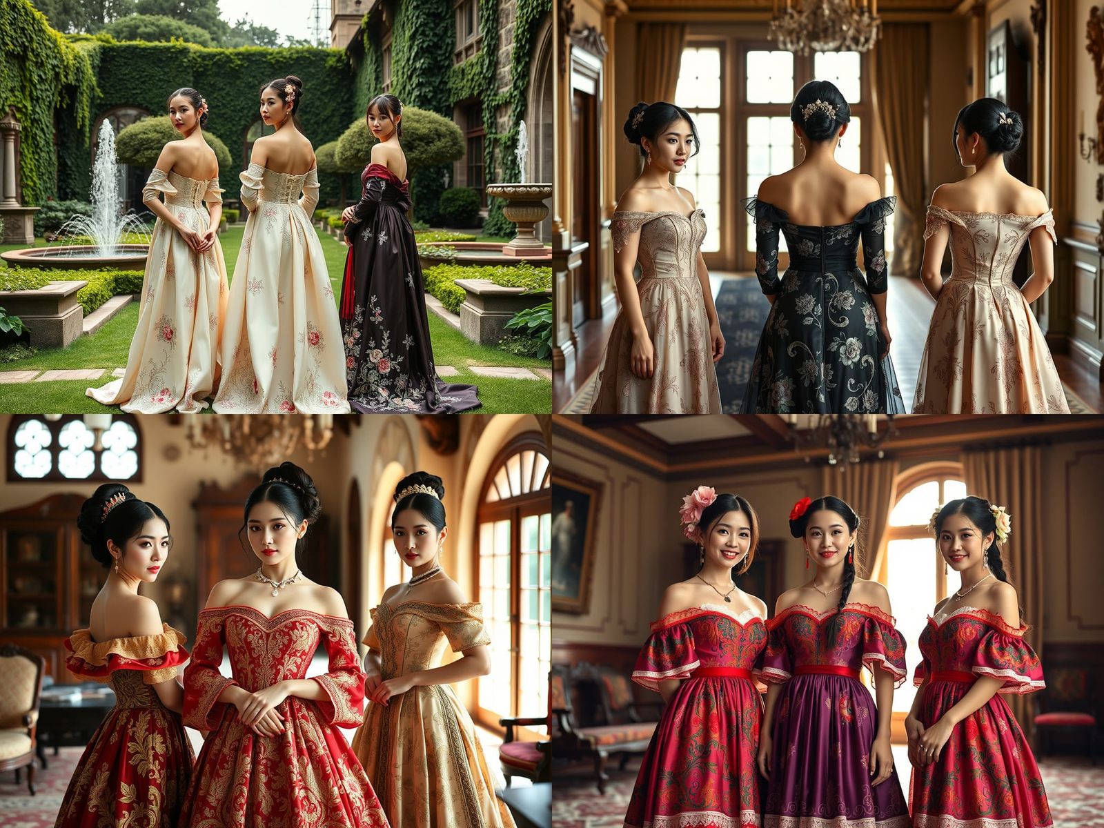 East Asian Women in Embroidered Dresses, Manor Setting
