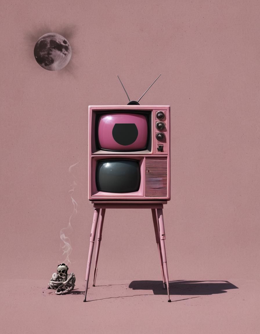 Vintage pink television with solar exlipse, smoke, skeleton,...