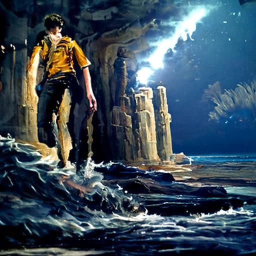 Percy Jackson standing in the Passific ocean at night