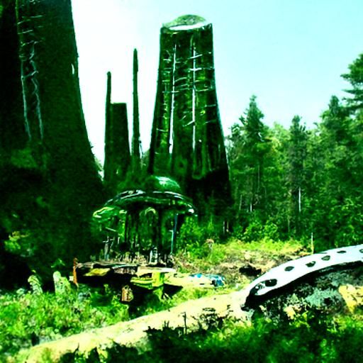 Alien Spaceship Salvage in a Forest Clearing