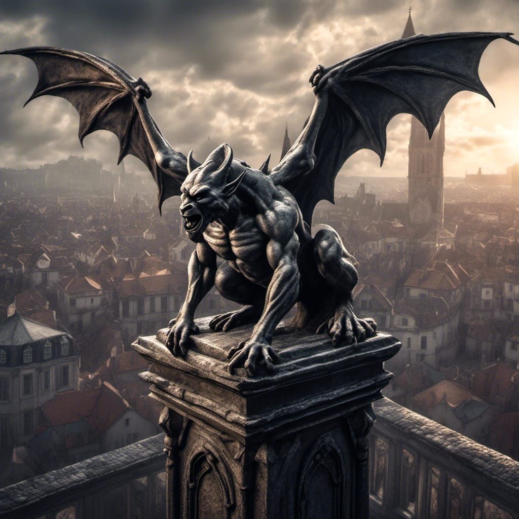 A masterpiece, a breathtaking view of an Epic Gargoyle in a gothic city scape background, reflective, RTX, video games, Cinematic Feel, sket...