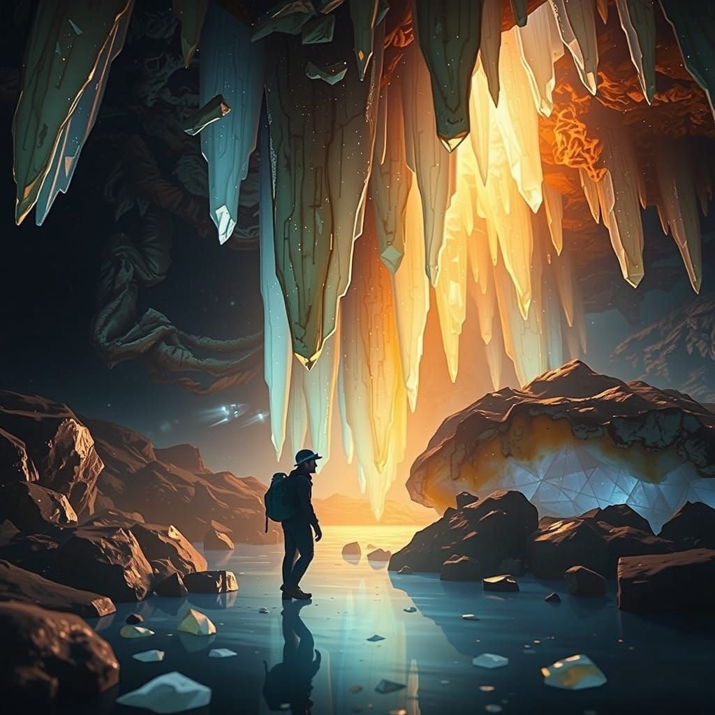 Fantasy Cave Explorer in Opalescent Crystal Cavern